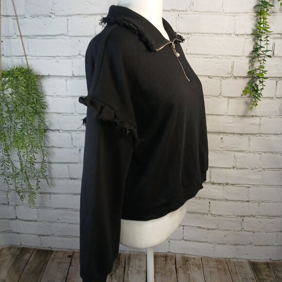 THE VINTAGE SHOP 1/4 ZIP FLEECE PULLOVER COLLARED TOP, BLACK, RUFFLED, SZ LARGE - Picture 4 of 10